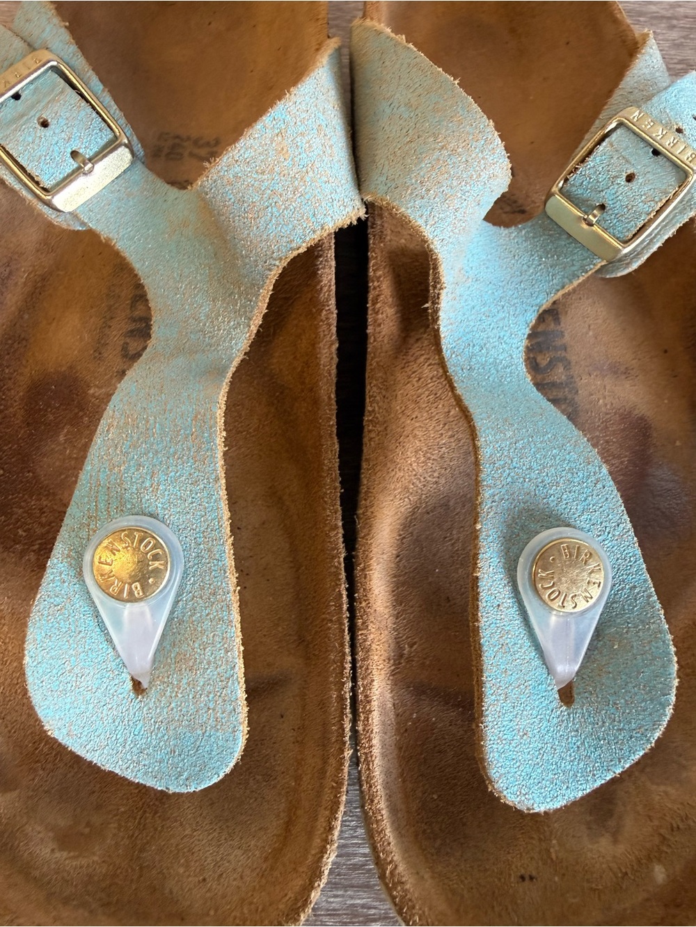 Birkenstock Gizeh Washed Metallic Aqua Leather Sandals Size 37 US 6 6.5 Narrow - Picture 7 of 16